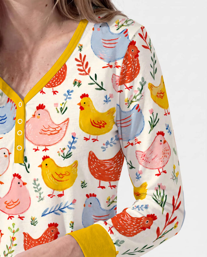 Colorful Farm Chickens and Wildflowers Bamboo Women Pajama Set