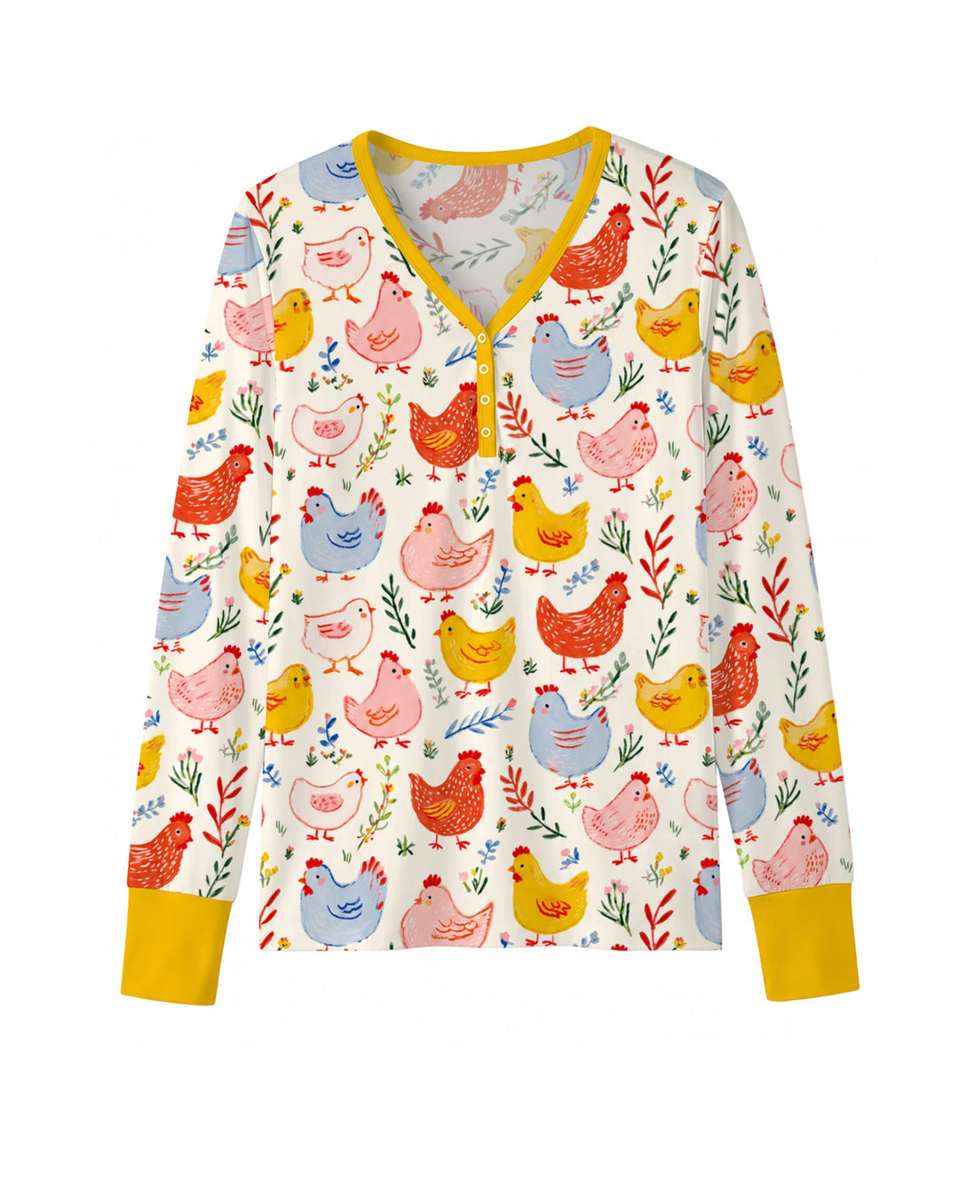 Colorful Farm Chickens and Wildflowers Bamboo Women Pajama Set