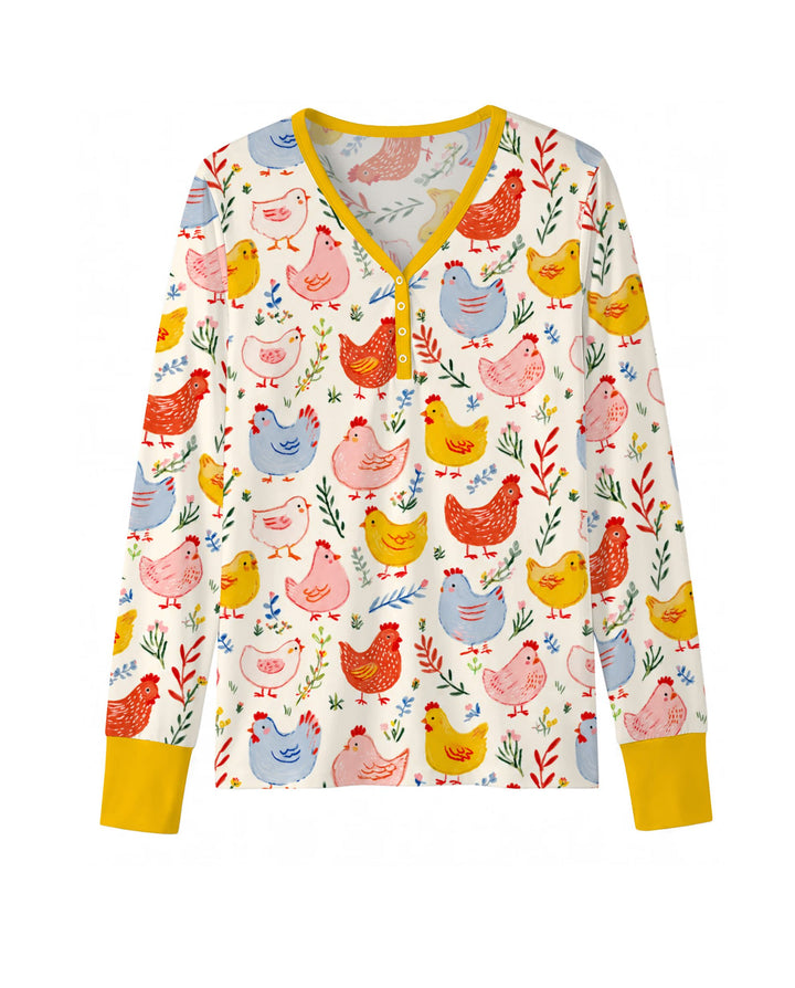 Colorful Farm Chickens and Wildflowers Bamboo Women Pajama Set