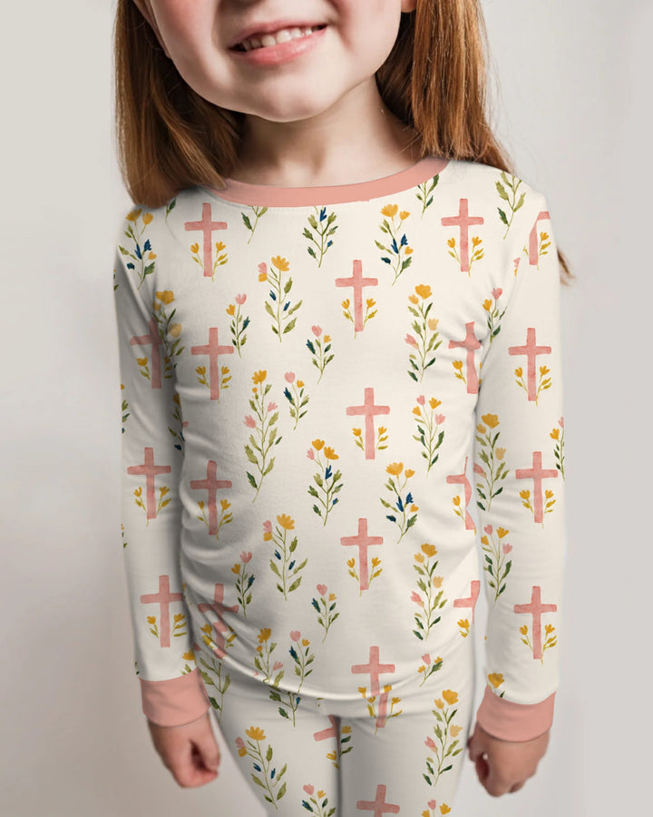 Pastel Floral Crosses Bamboo Two Piece Long Sleeve Pajama Set