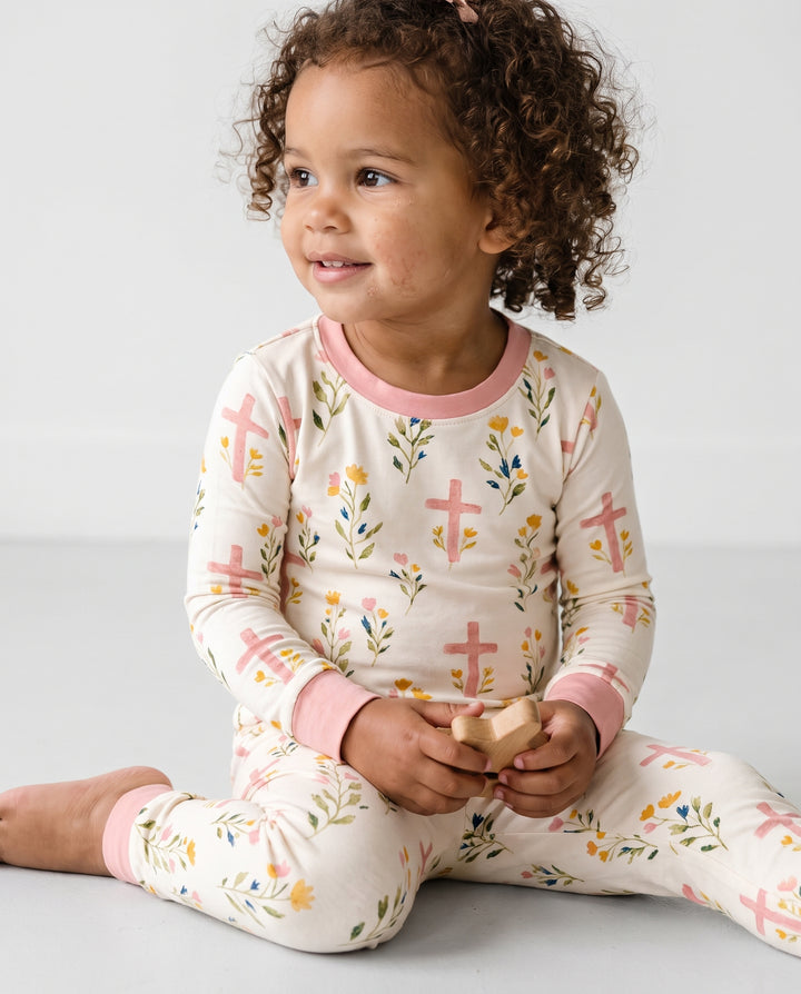 Pastel Floral Crosses Bamboo Two Piece Long Sleeve Pajama Set