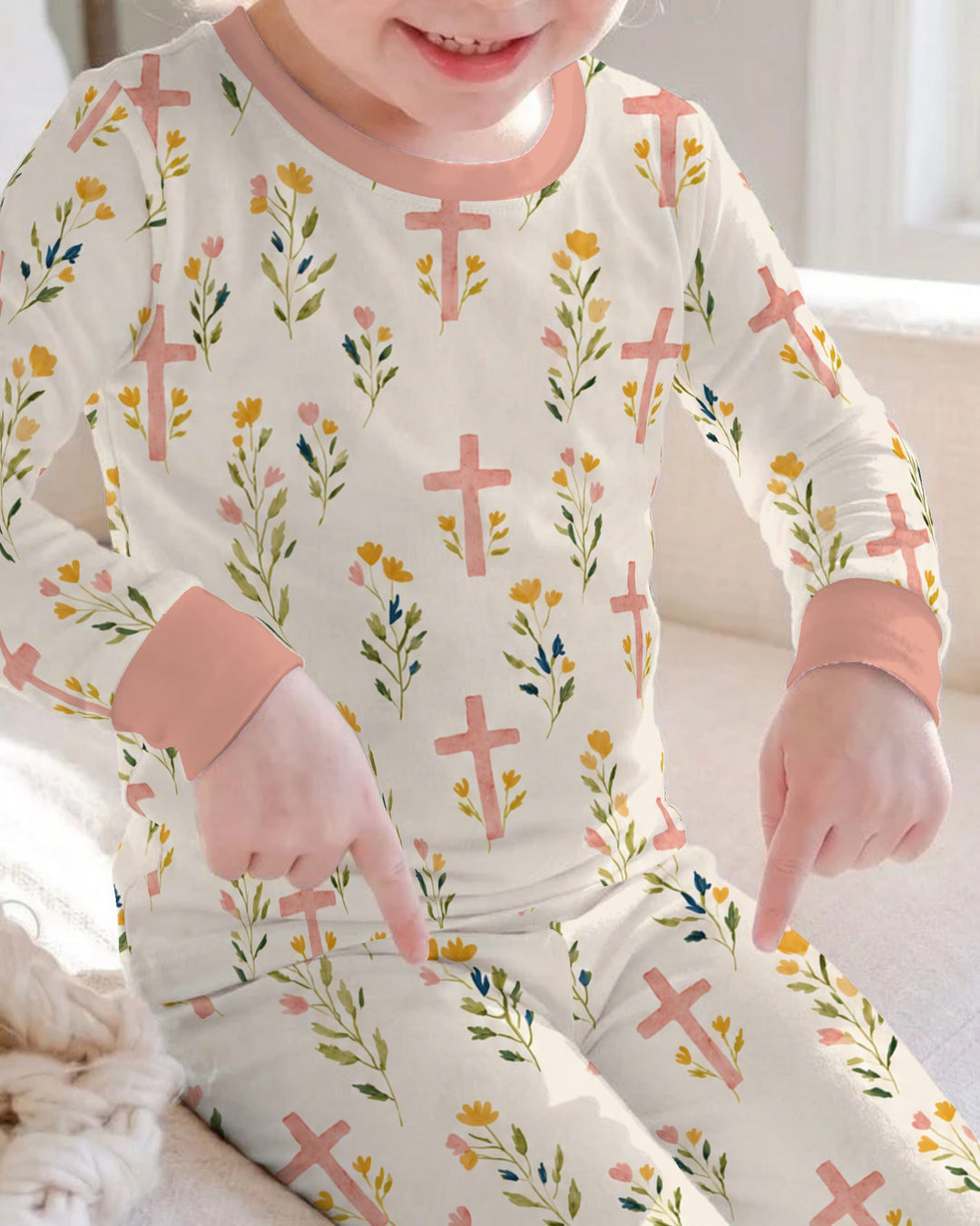 Pastel Floral Crosses Bamboo Two Piece Long Sleeve Pajama Set