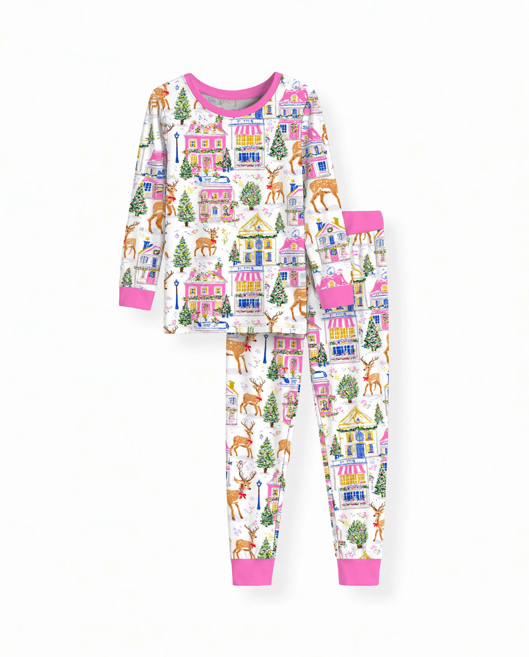 Whimsical Pink Christmas Village Bamboo Two Piece Long Sleeve Pajama Set