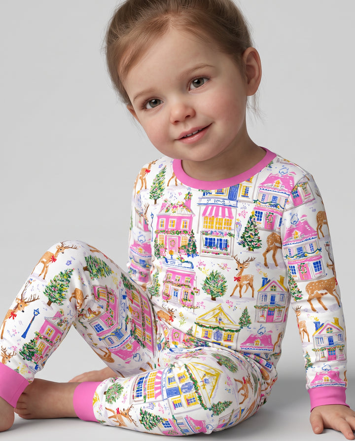 Whimsical Pink Christmas Village Bamboo Two Piece Long Sleeve Pajama Set