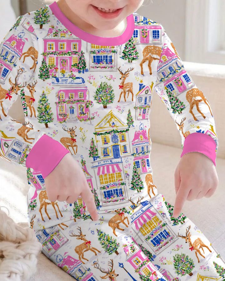 Whimsical Pink Christmas Village Bamboo Two Piece Long Sleeve Pajama Set