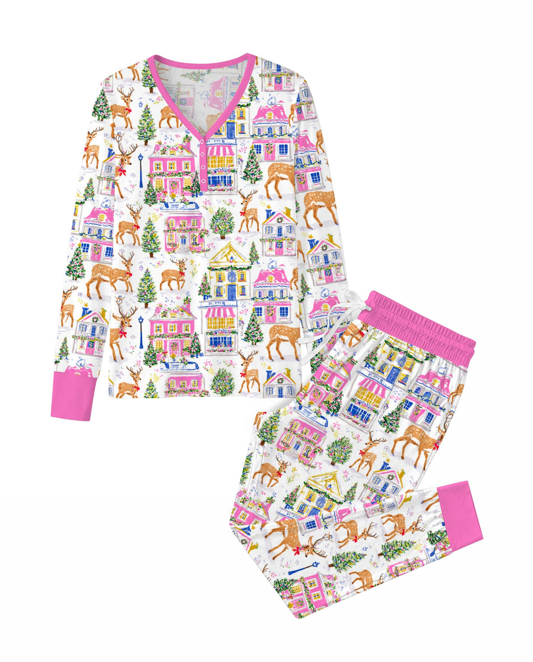Whimsical Pink Christmas Village Bamboo Women Pajama Set