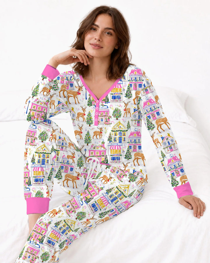 Whimsical Pink Christmas Village Bamboo Women Pajama Set