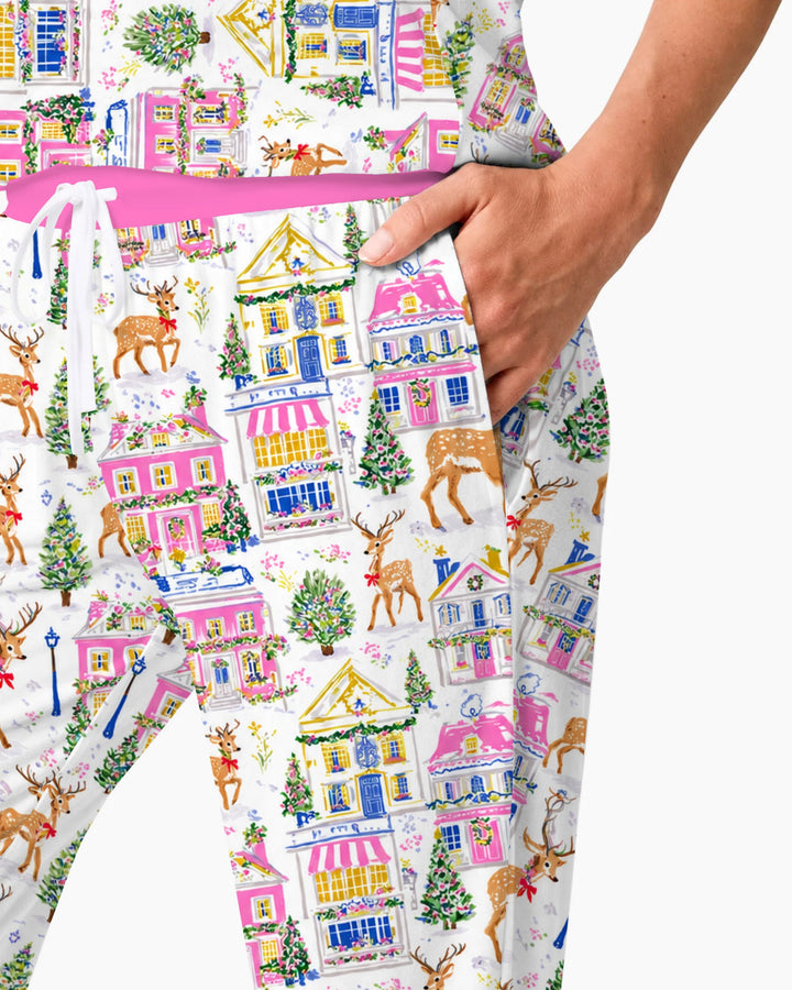 Whimsical Pink Christmas Village Bamboo Women Pajama Set