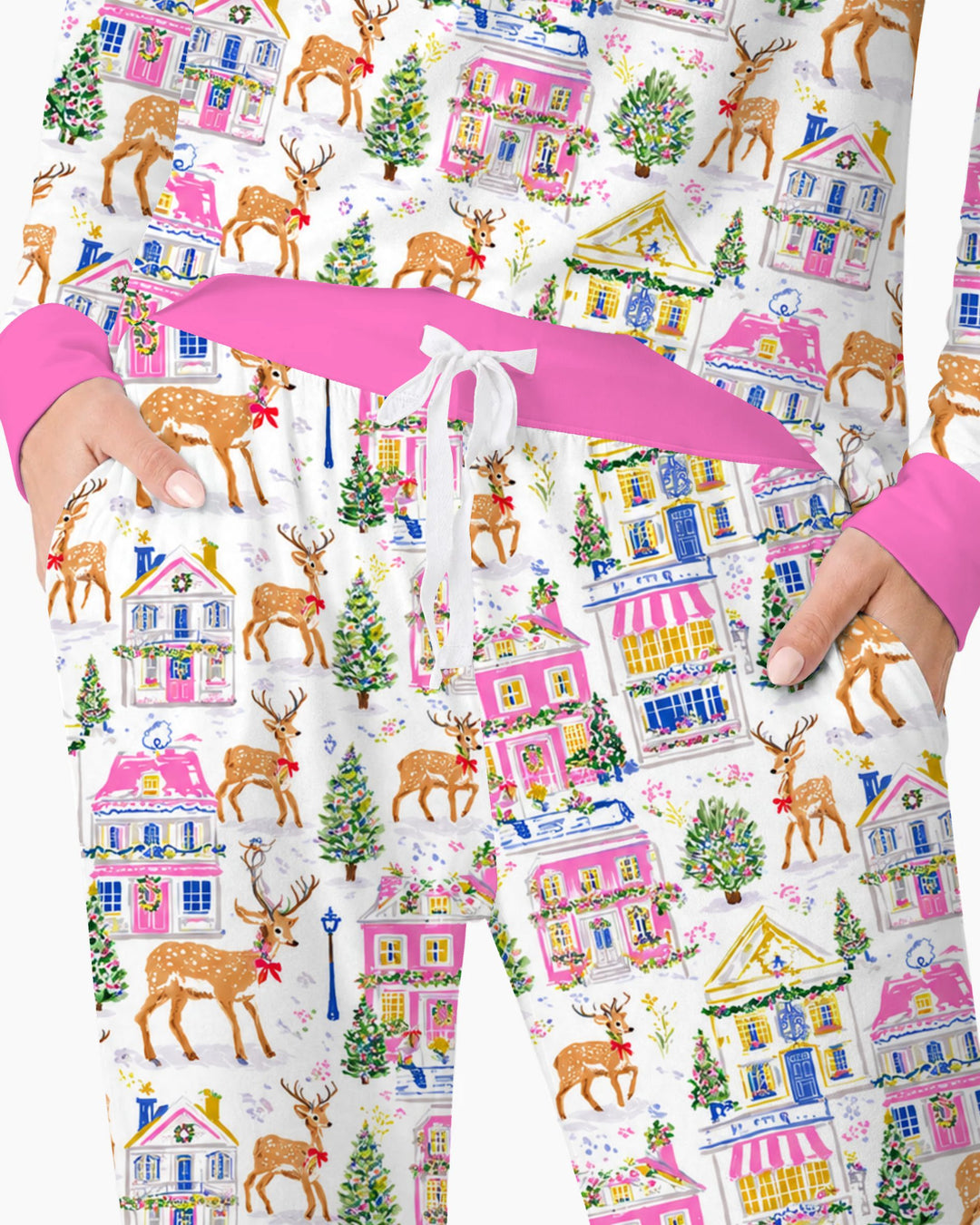 Whimsical Pink Christmas Village Bamboo Women Pajama Set