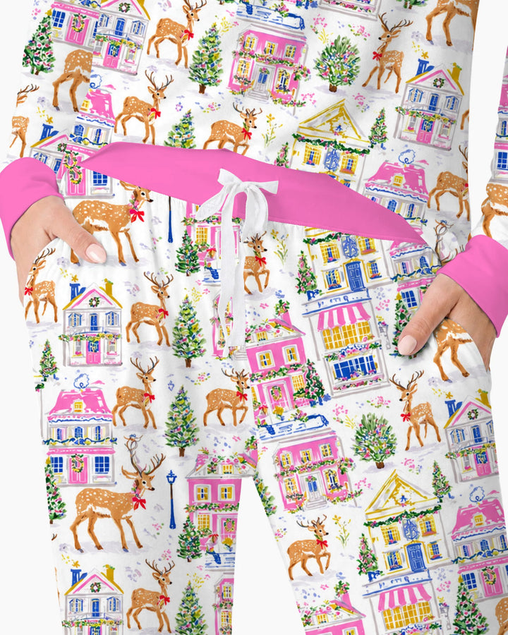 Whimsical Pink Christmas Village Bamboo Women Pajama Set
