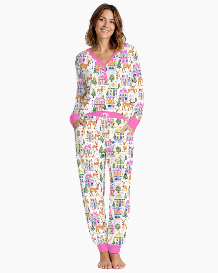Whimsical Pink Christmas Village Bamboo Women Pajama Set