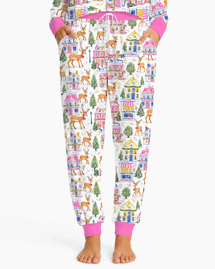 Whimsical Pink Christmas Village Bamboo Women Pajama Set