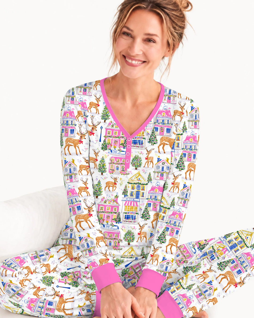 Whimsical Pink Christmas Village Bamboo Women Pajama Set
