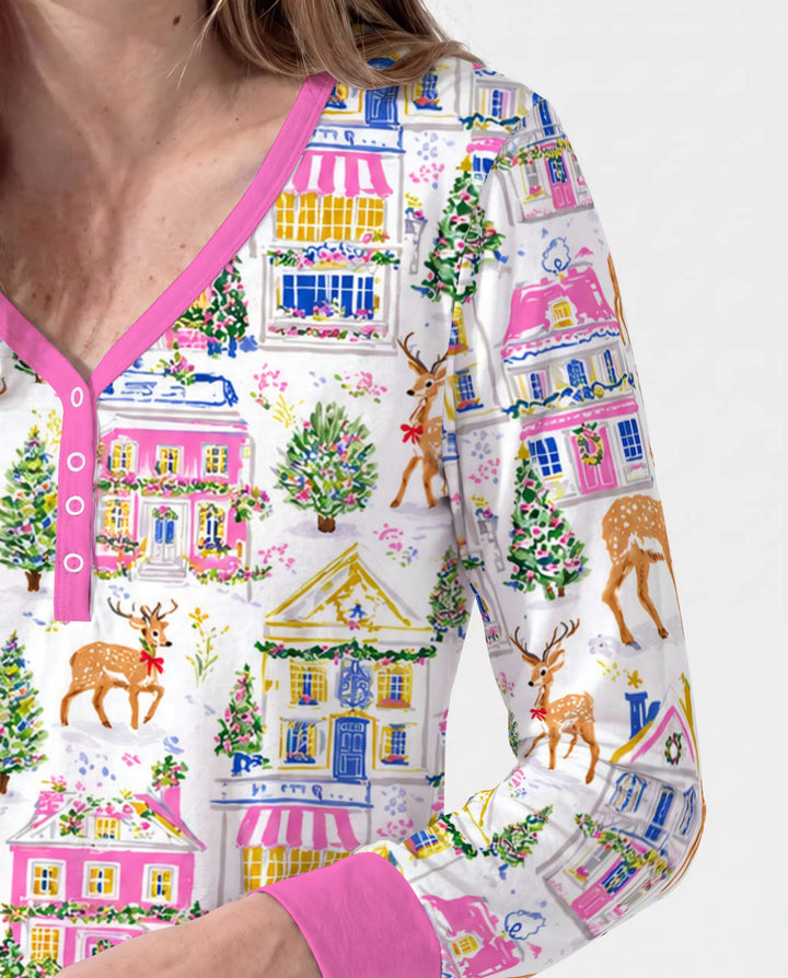 Whimsical Pink Christmas Village Bamboo Women Pajama Set