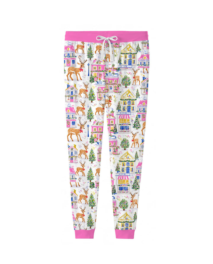 Whimsical Pink Christmas Village Bamboo Women Pajama Set