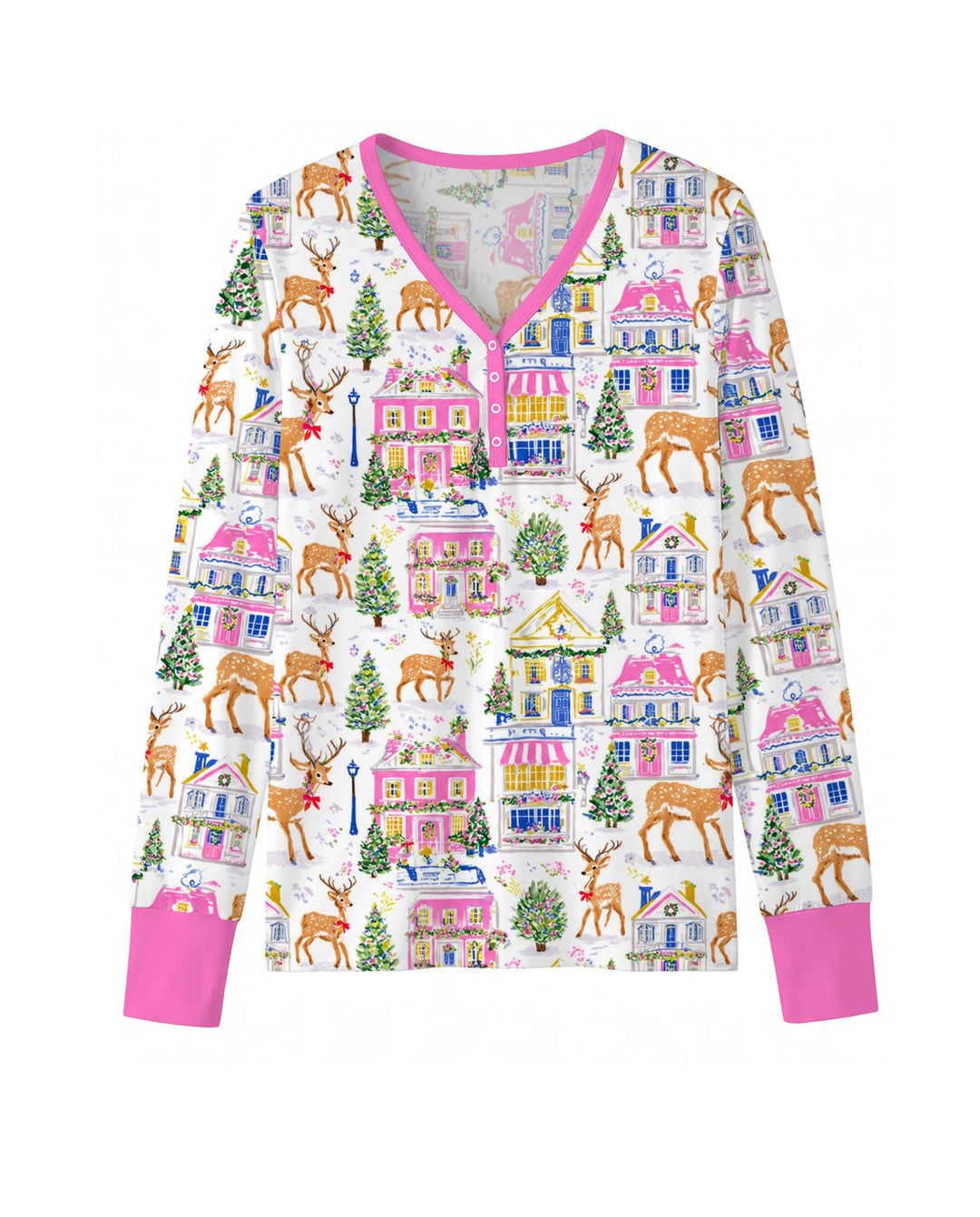 Whimsical Pink Christmas Village Bamboo Women Pajama Set