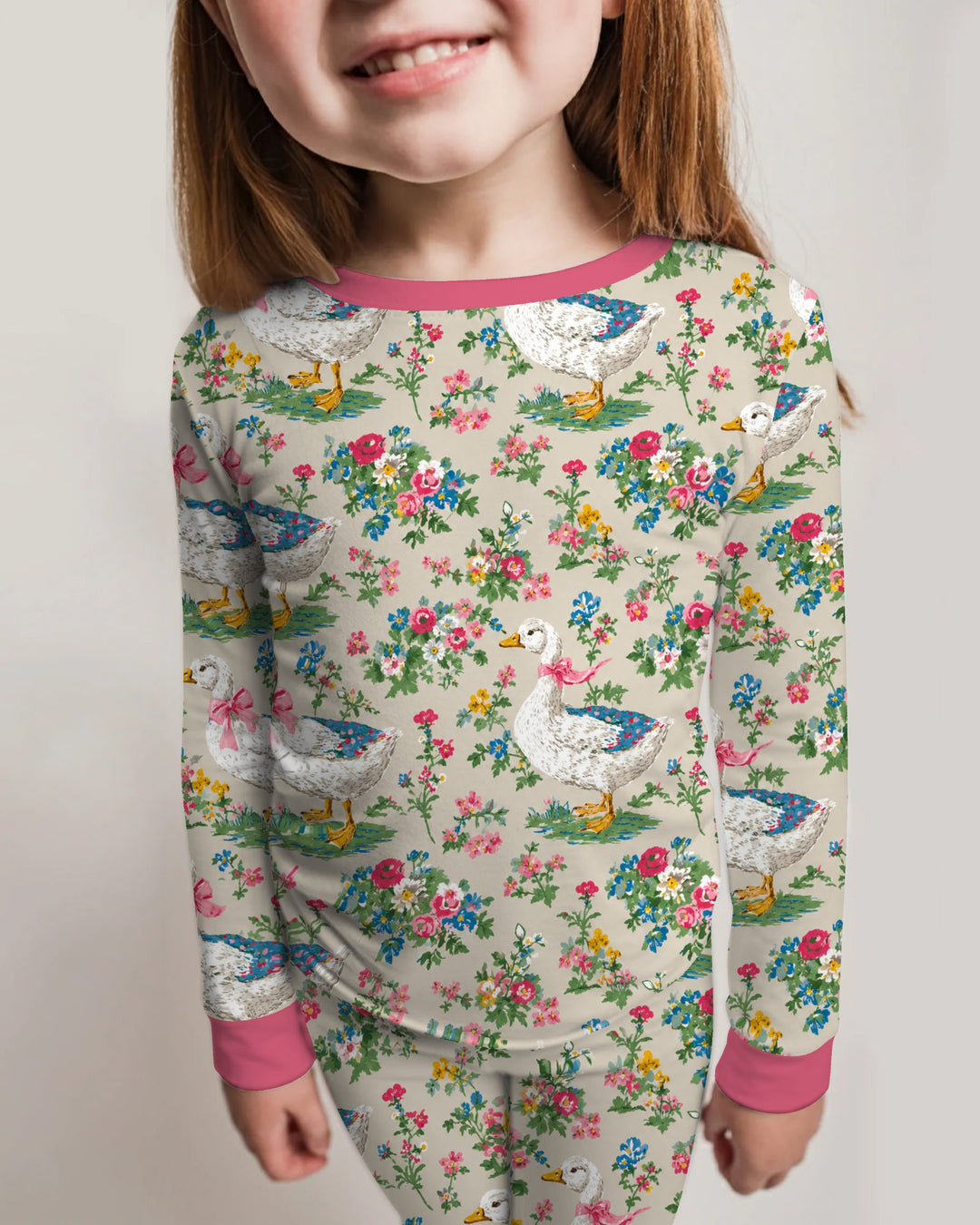 Vintage White Goose Floral Garden Bamboo Two Piece Long Sleeve Pajama Set