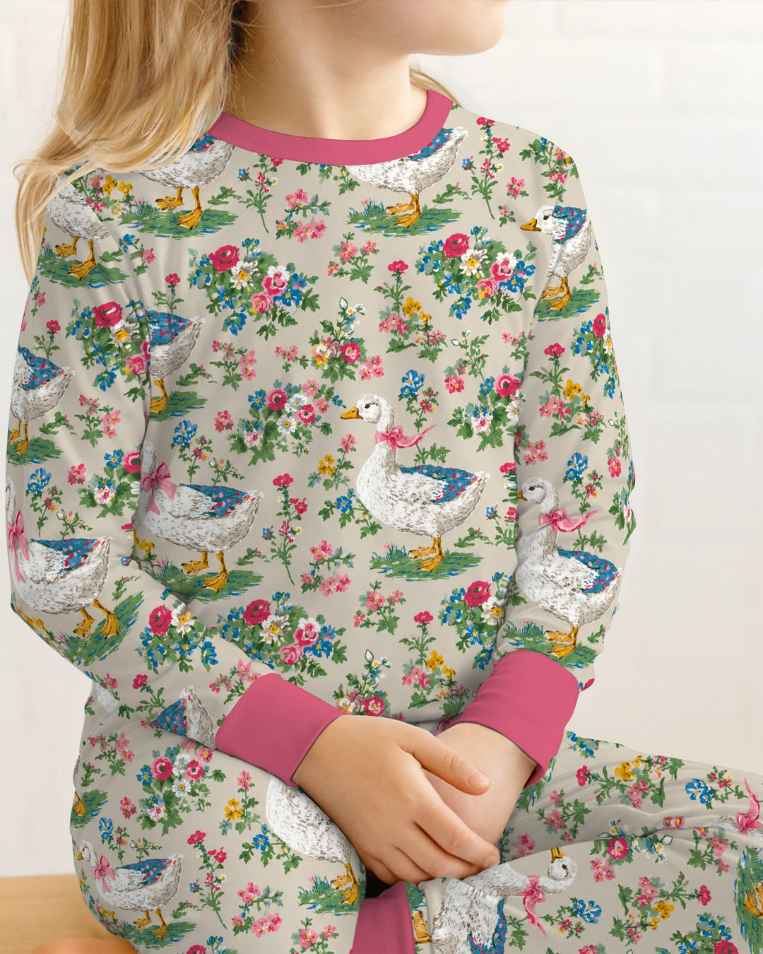 Vintage White Goose Floral Garden Bamboo Two Piece Long Sleeve Pajama Set