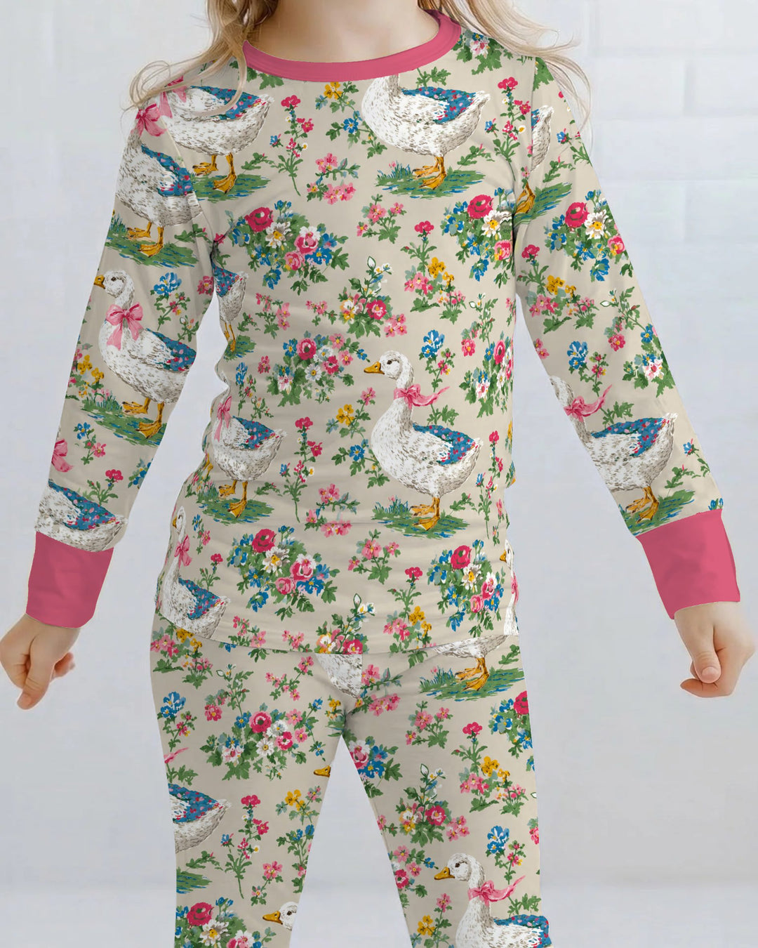 Vintage White Goose Floral Garden Bamboo Two Piece Long Sleeve Pajama Set