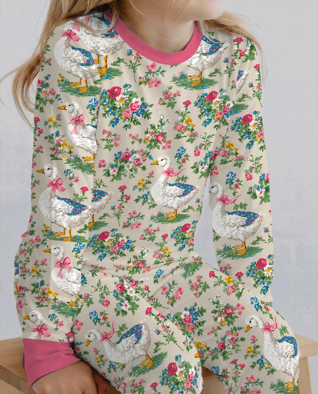 Vintage White Goose Floral Garden Bamboo Two Piece Long Sleeve Pajama Set