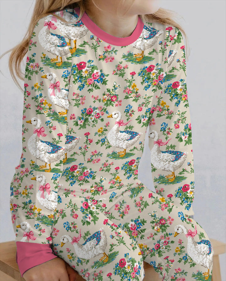 Vintage White Goose Floral Garden Bamboo Two Piece Long Sleeve Pajama Set