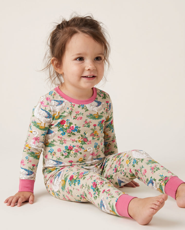 Vintage White Goose Floral Garden Bamboo Two Piece Long Sleeve Pajama Set