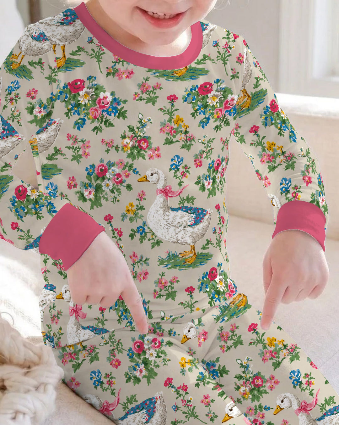 Vintage White Goose Floral Garden Bamboo Two Piece Long Sleeve Pajama Set