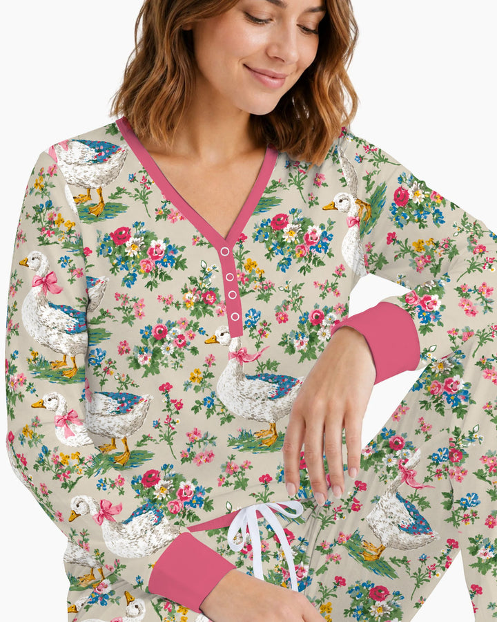 Vintage White Goose Floral Garden Bamboo Women Pajama Set