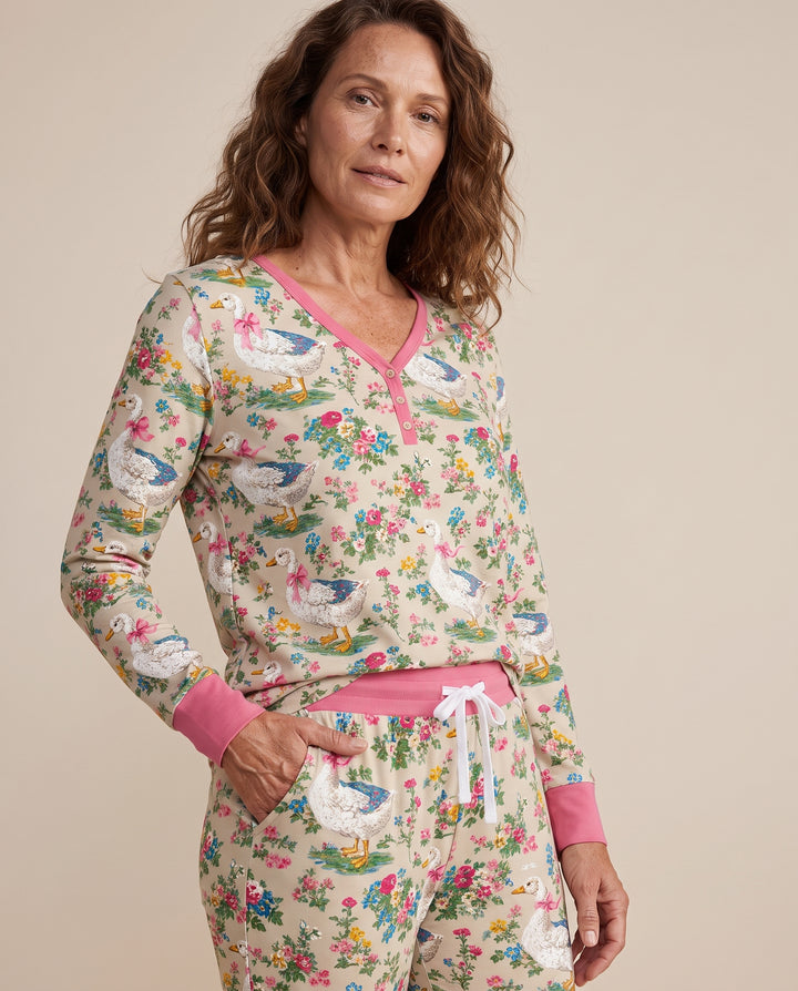 Vintage White Goose Floral Garden Bamboo Women Pajama Set