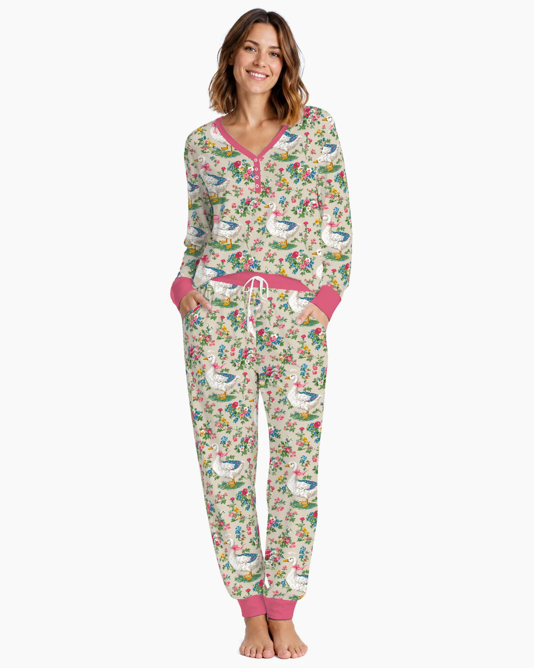Vintage White Goose Floral Garden Bamboo Women Pajama Set