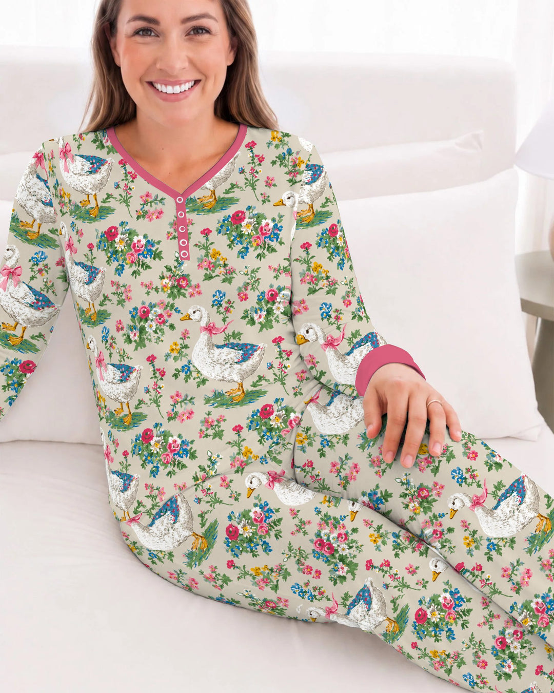 Vintage White Goose Floral Garden Bamboo Women Pajama Set