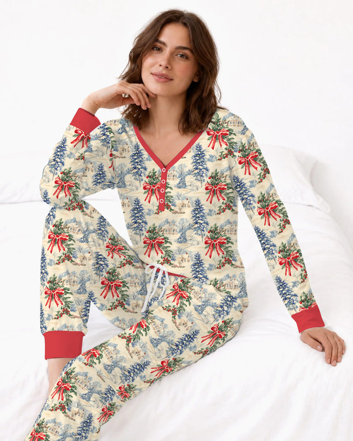 Vintage Snowy Christmas Countryside Bamboo Women Pajama Set
