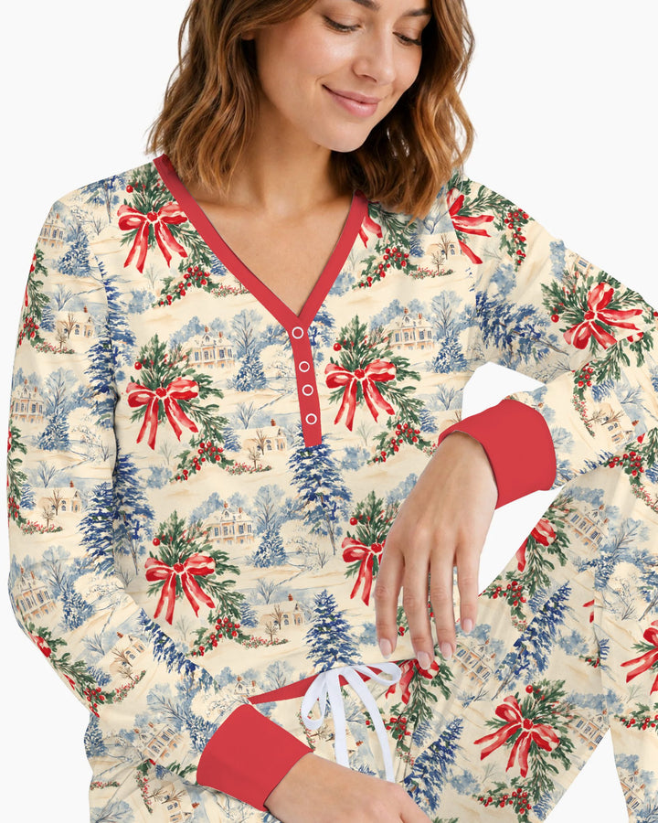 Vintage Snowy Christmas Countryside Bamboo Women Pajama Set