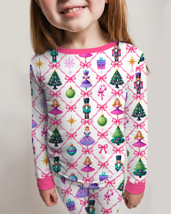 Sugar Plum Nutcracker Christmas Bow Lattice Bamboo Two Piece Long Sleeve Pajama Set