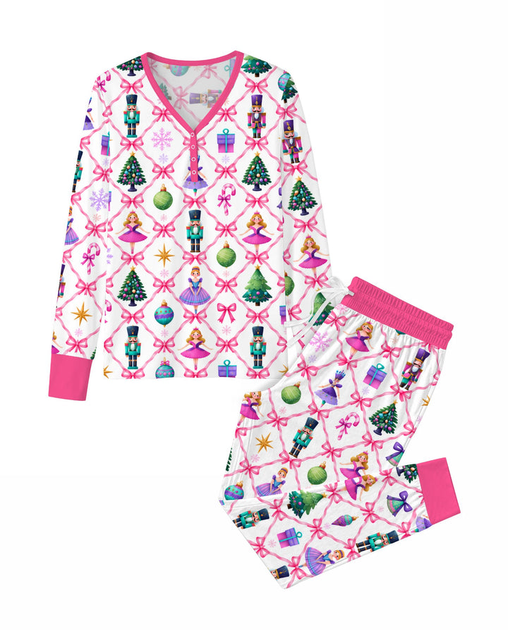 Sugar Plum Nutcracker Christmas Bow Lattice Bamboo Women Pajama Set