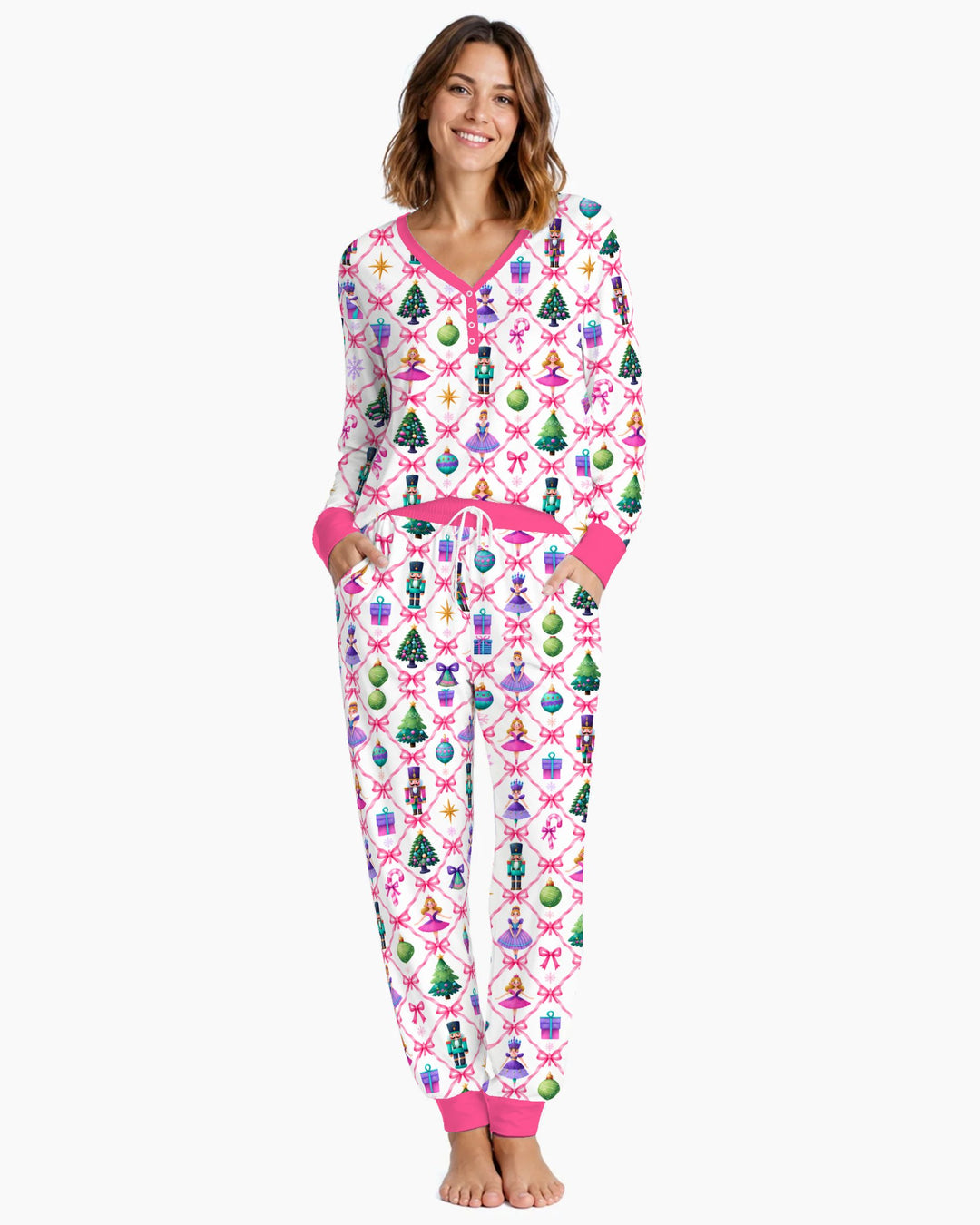 Sugar Plum Nutcracker Christmas Bow Lattice Bamboo Women Pajama Set