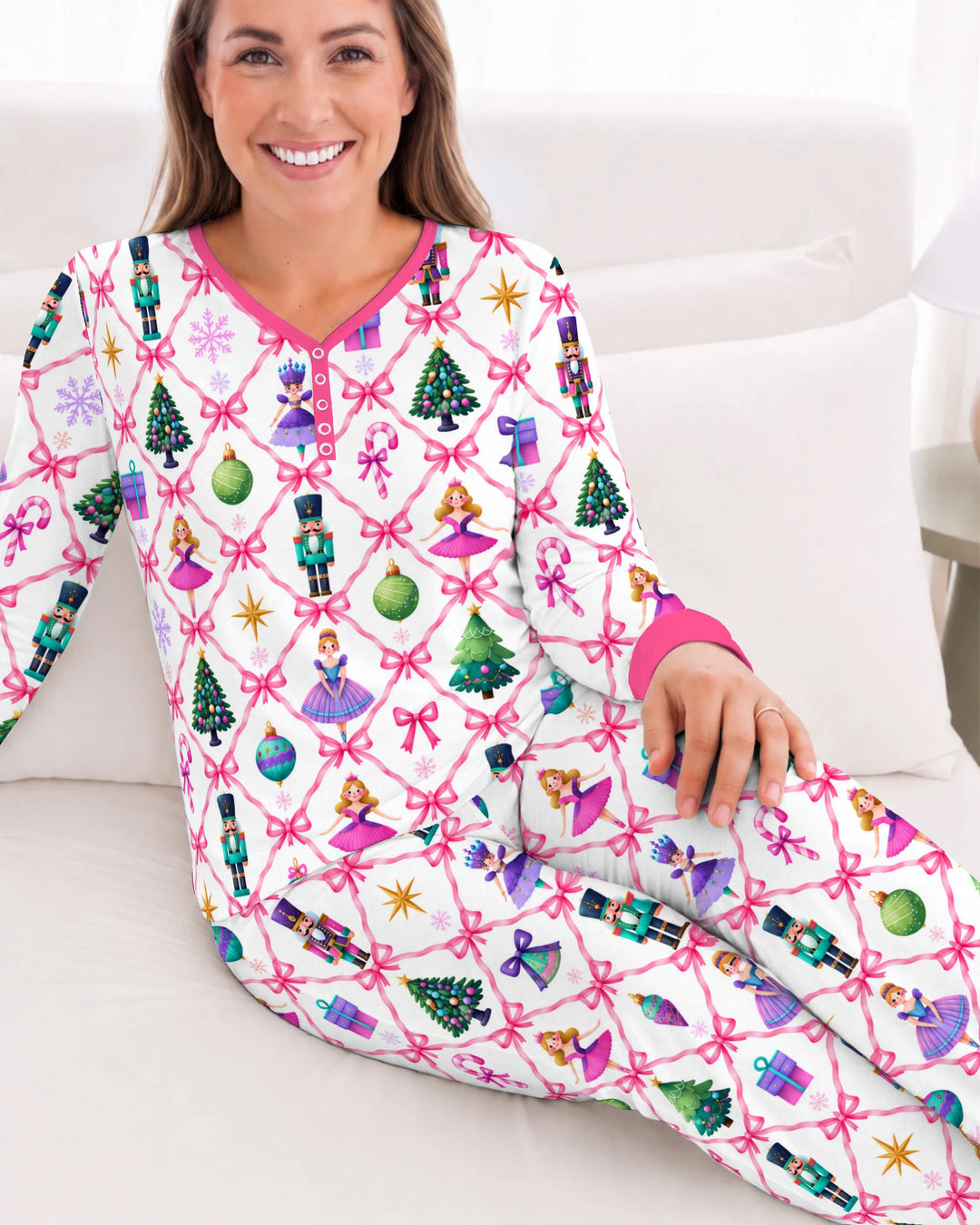 Sugar Plum Nutcracker Christmas Bow Lattice Bamboo Women Pajama Set