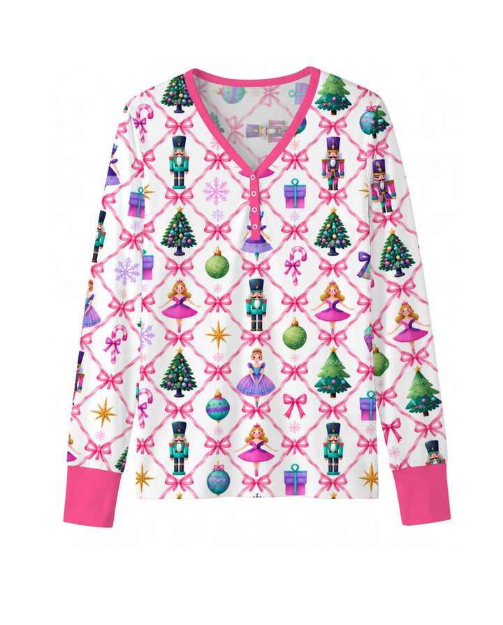 Sugar Plum Nutcracker Christmas Bow Lattice Bamboo Women Pajama Set
