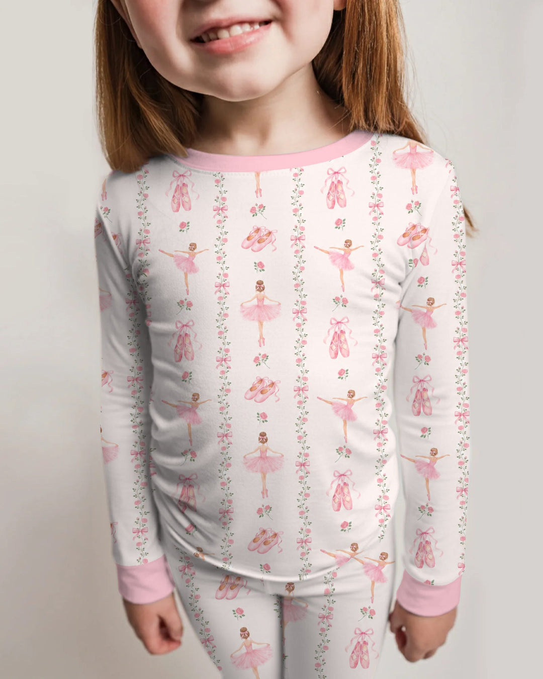 Pink Ballerina Rose Bow Stripe Bamboo Two Piece Long Sleeve Pajama Set