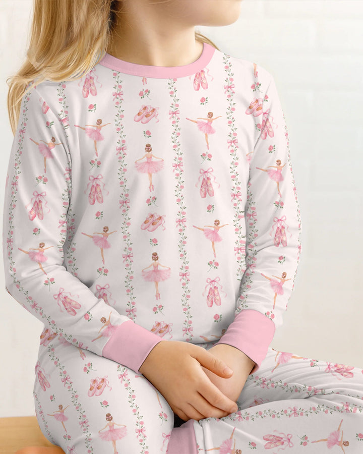 Pink Ballerina Rose Bow Stripe Bamboo Two Piece Long Sleeve Pajama Set