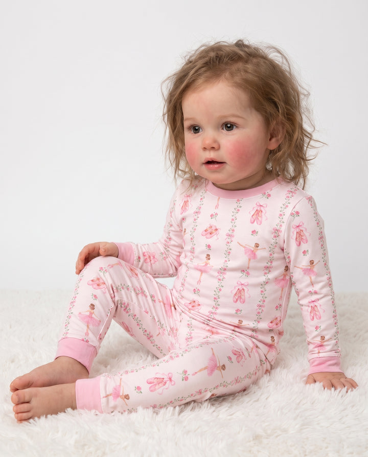 Pink Ballerina Rose Bow Stripe Bamboo Two Piece Long Sleeve Pajama Set