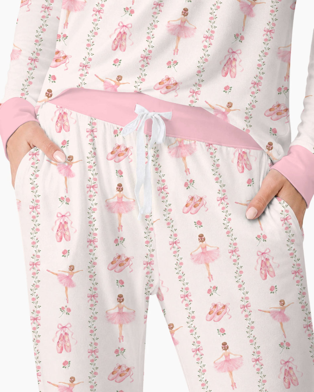 Pink Ballerina Rose Bow Stripe Bamboo Women Pajama Set