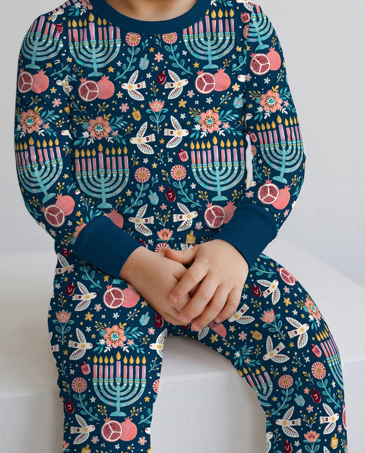 Colorful Folk Art Hanukkah Menorah Bamboo Two Piece Long Sleeve Pajama Set