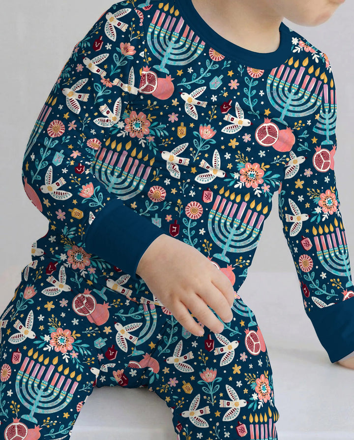 Colorful Folk Art Hanukkah Menorah Bamboo Two Piece Long Sleeve Pajama Set