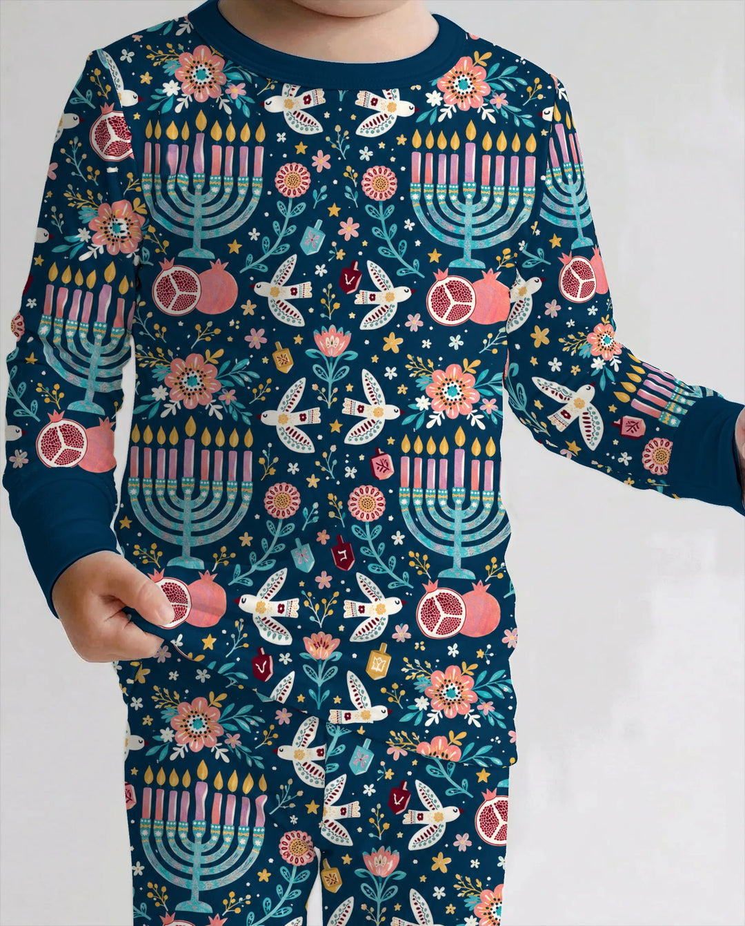 Colorful Folk Art Hanukkah Menorah Bamboo Two Piece Long Sleeve Pajama Set