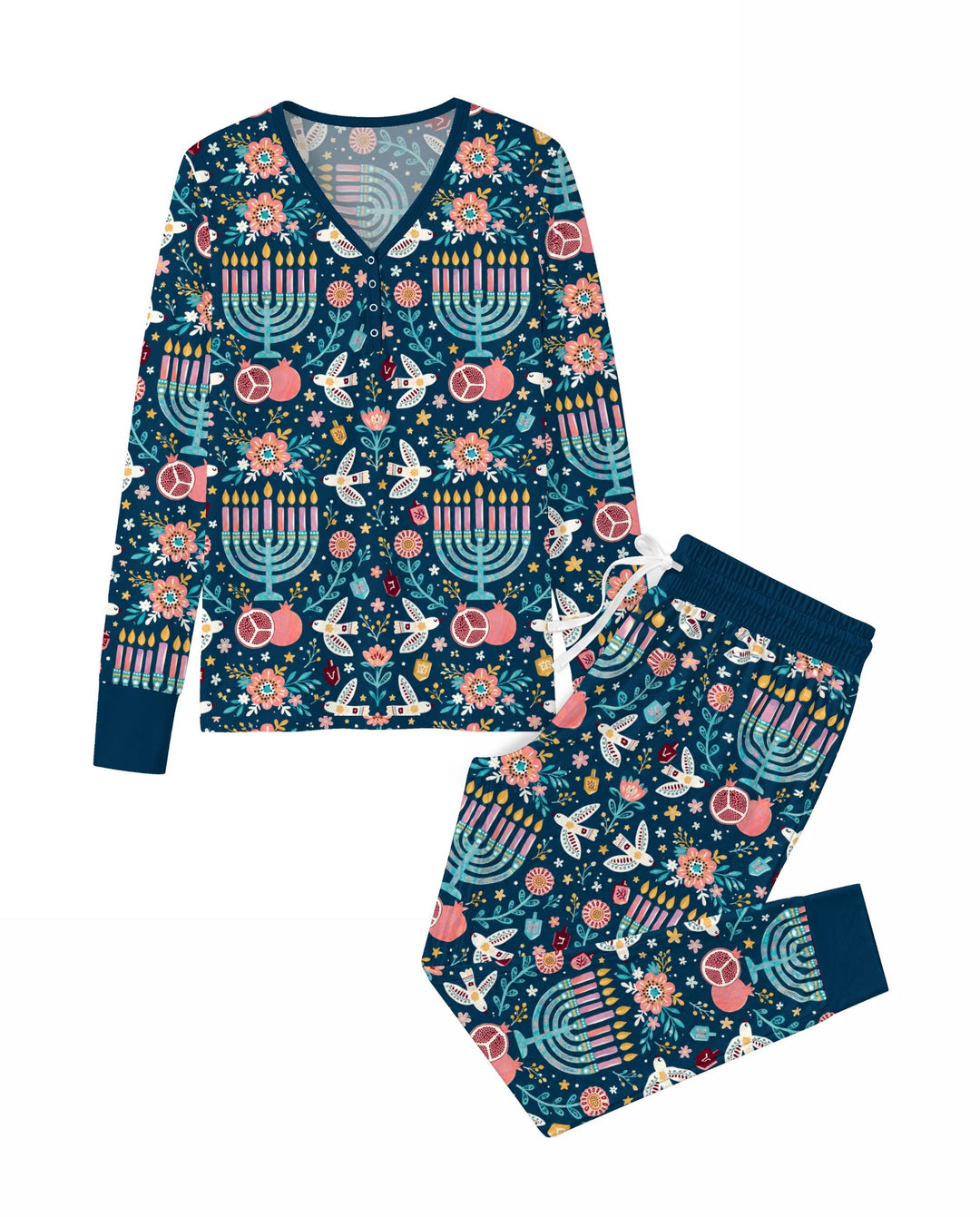 Colorful Folk Art Hanukkah Menorah Bamboo Women Pajama Set
