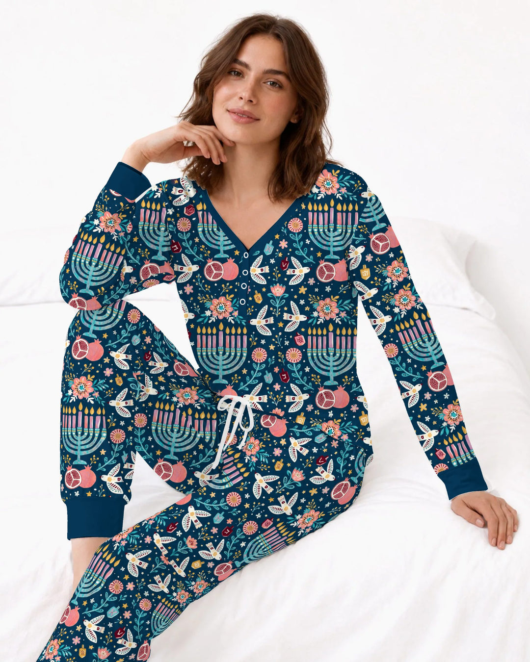 Colorful Folk Art Hanukkah Menorah Bamboo Women Pajama Set