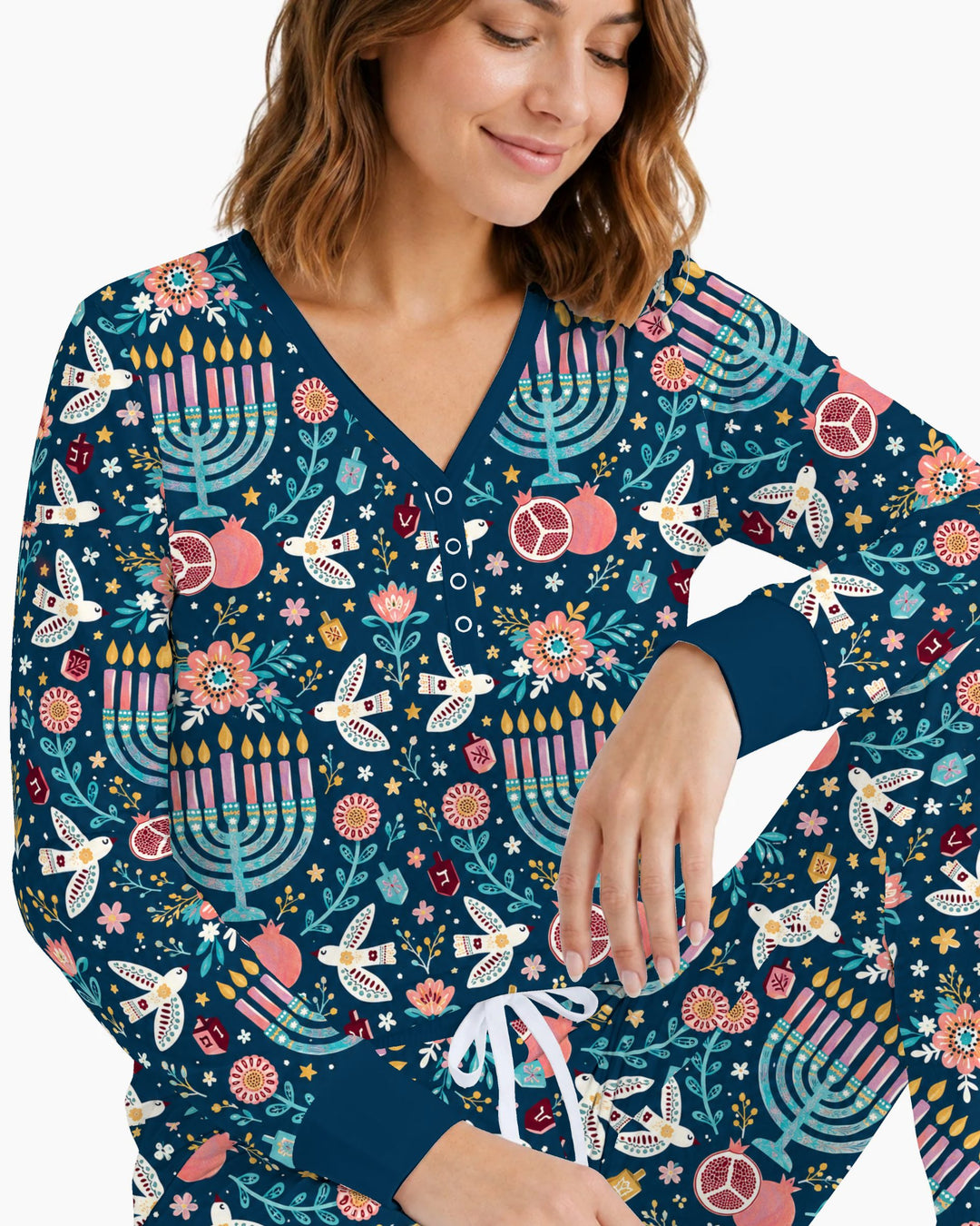 Colorful Folk Art Hanukkah Menorah Bamboo Women Pajama Set
