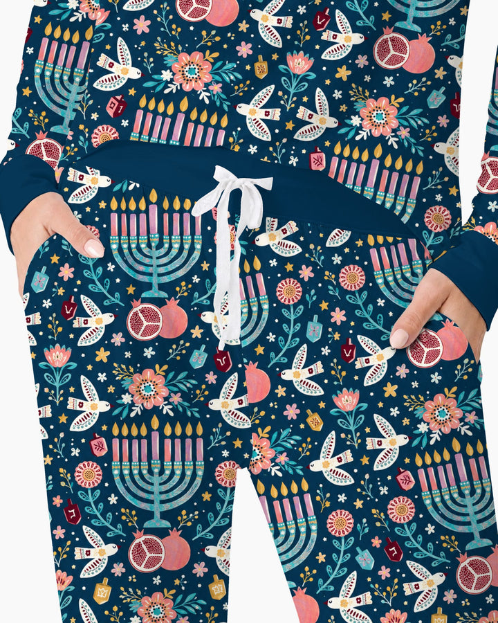 Colorful Folk Art Hanukkah Menorah Bamboo Women Pajama Set