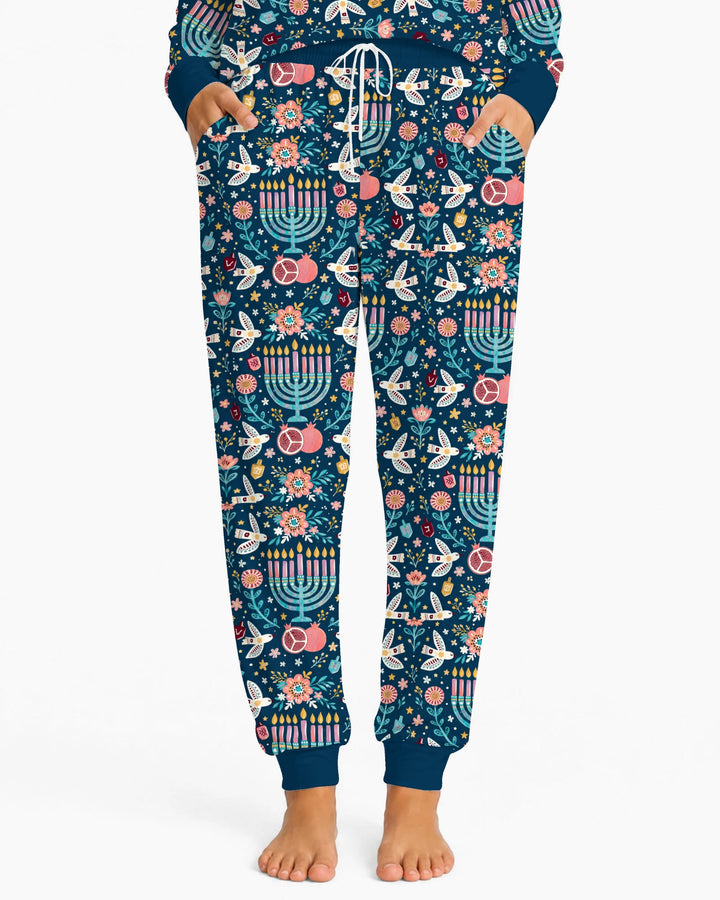 Colorful Folk Art Hanukkah Menorah Bamboo Women Pajama Set